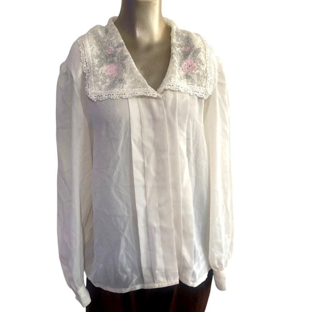 Vintage 80s 90s Notations Lace Collar Embroidered Blouse Cream Size 14